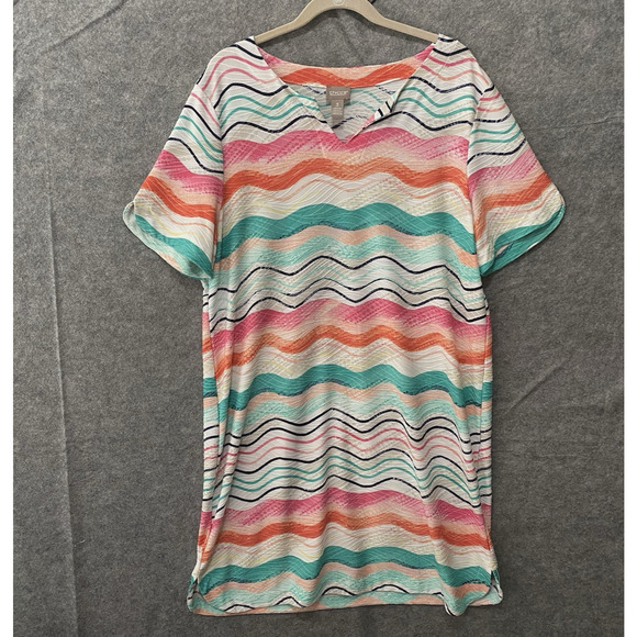 Chicos Dress Women Sz 3 US 16 Pink Green Short Sleeve Lightweight Tropical Beach - Picture 1 of 6